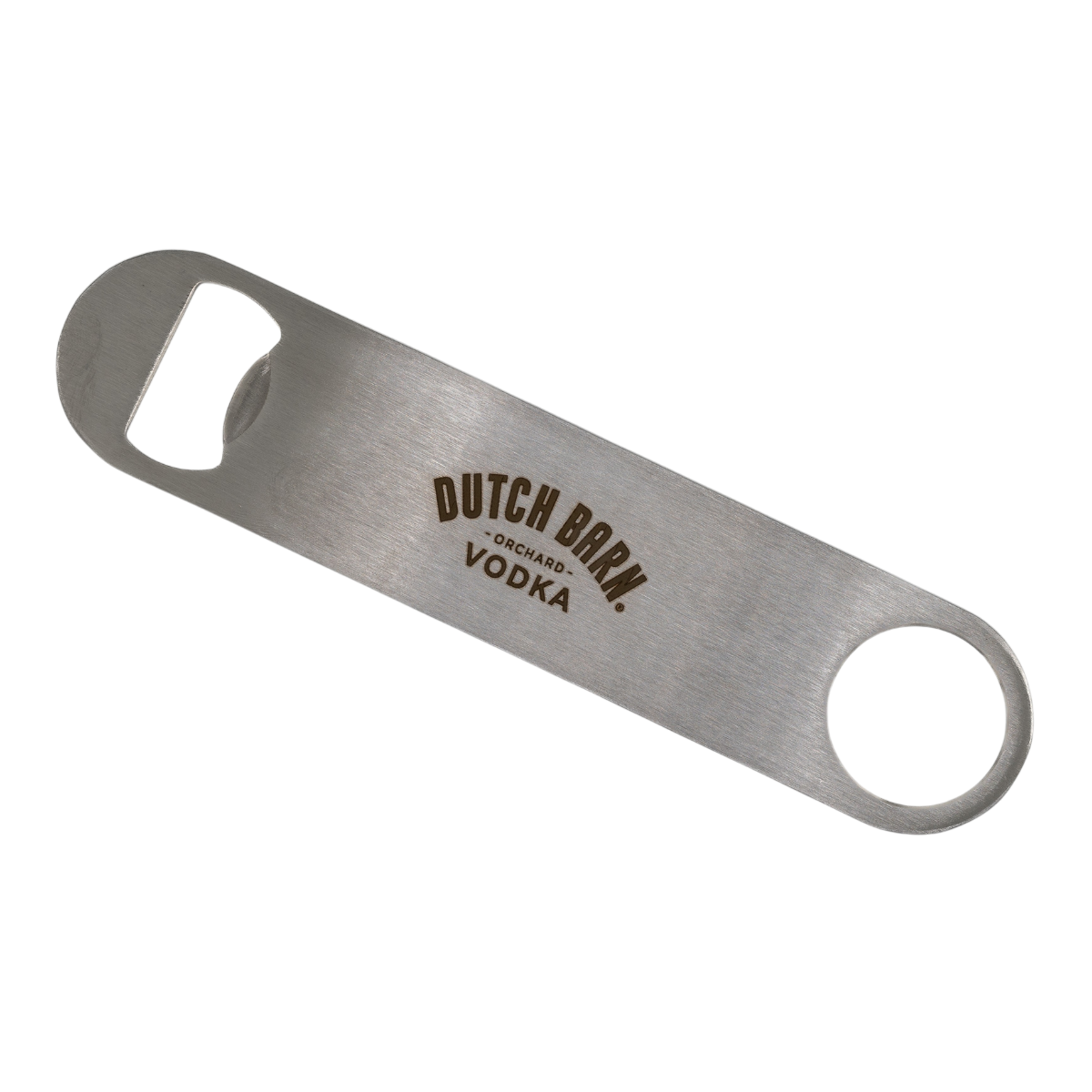 Metal bottle opener with 'Dutch Barn Vodka' branding on a white background