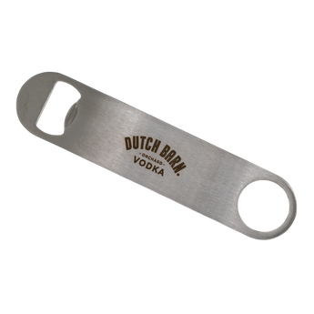 Metal bottle opener with 'Dutch Barn Vodka' branding on a white background