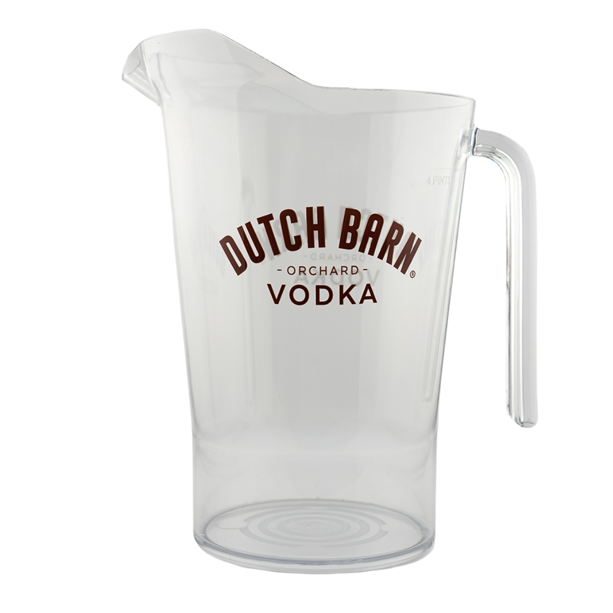 Clear pitcher with 'Dutch Barn Vodka' branding on a white background