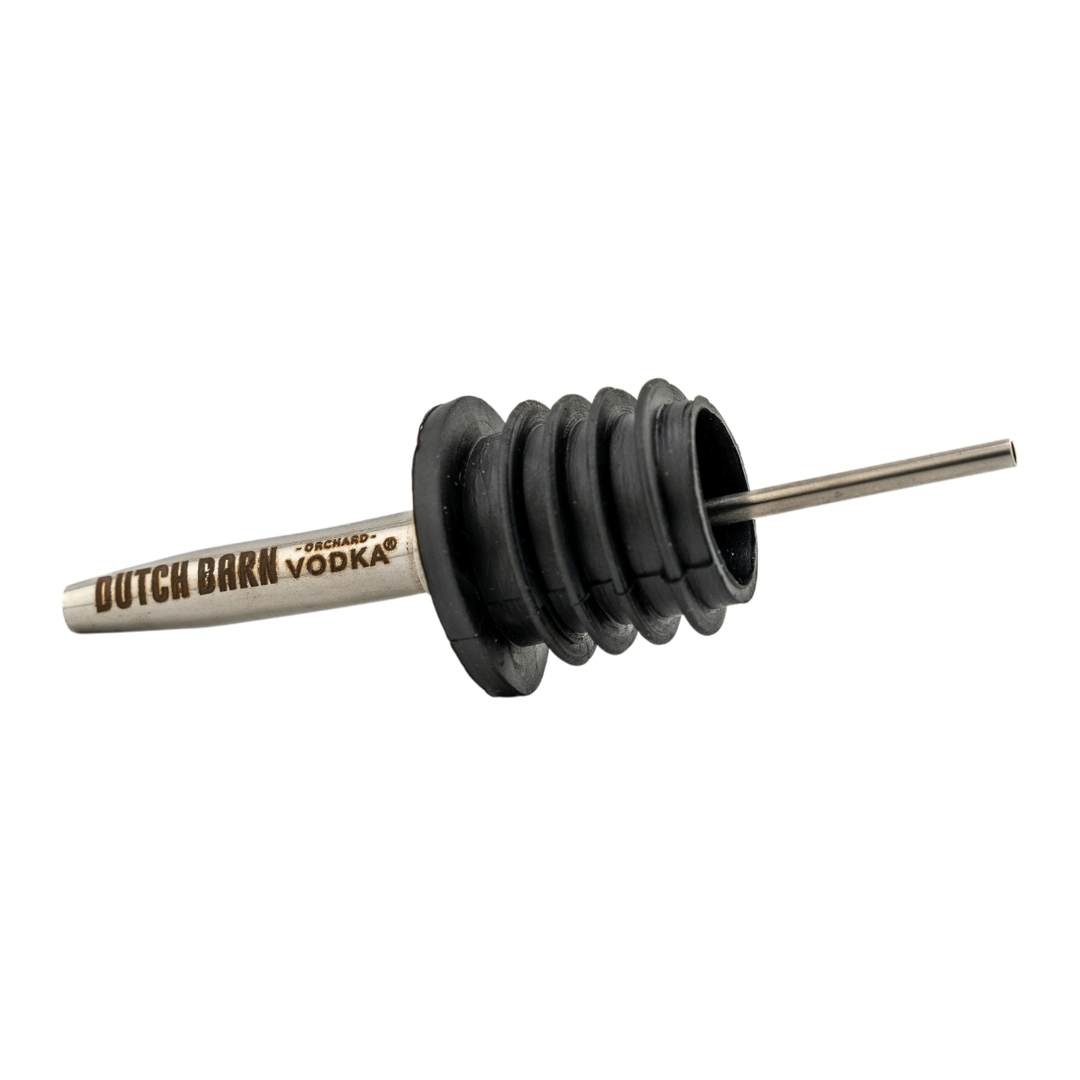 Speed pourer with 'Dutch Barn Vodka' branding on a white background